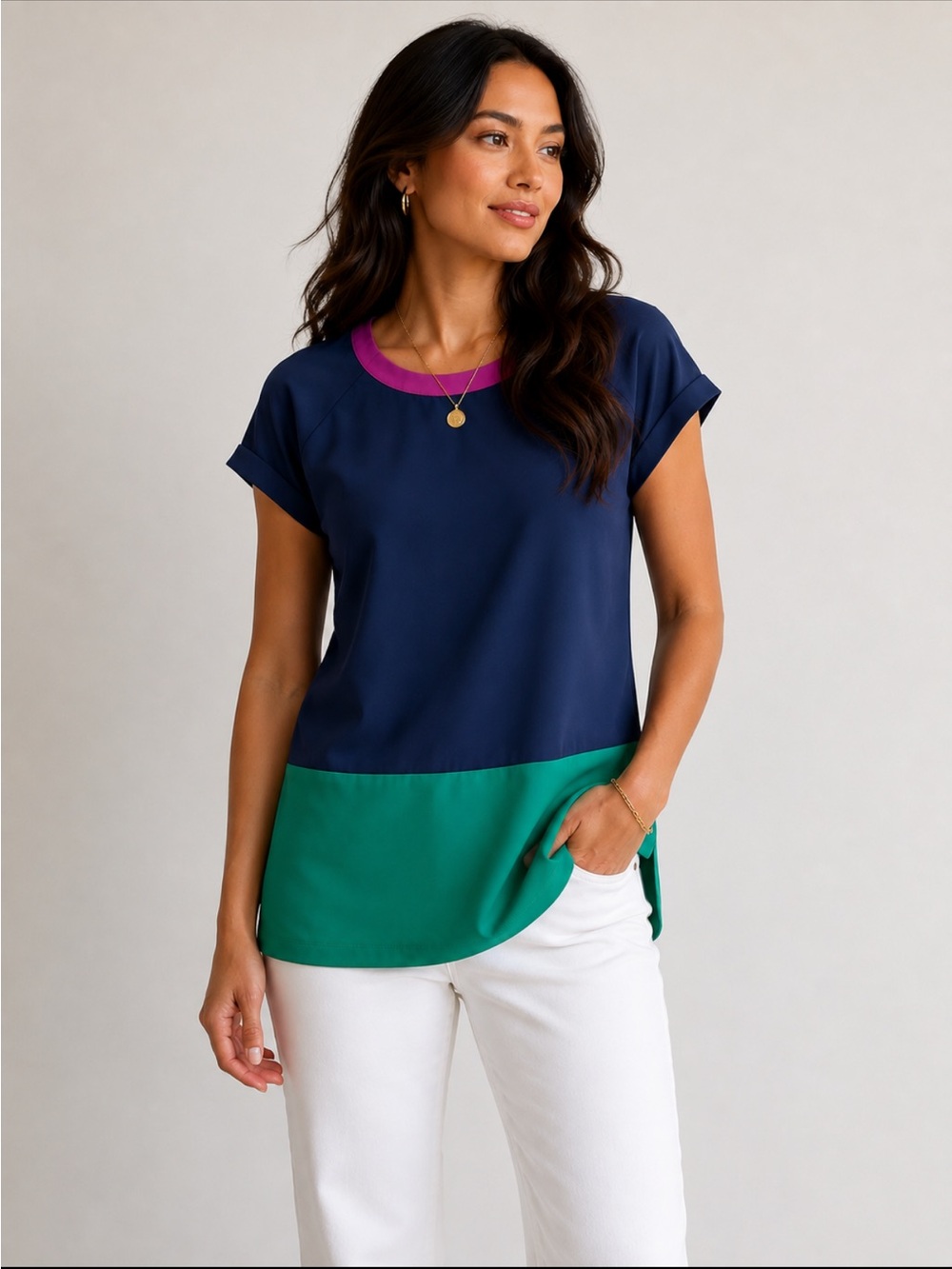 Daisy Fuentes Navy Top with Green Hem and Pink Neckline